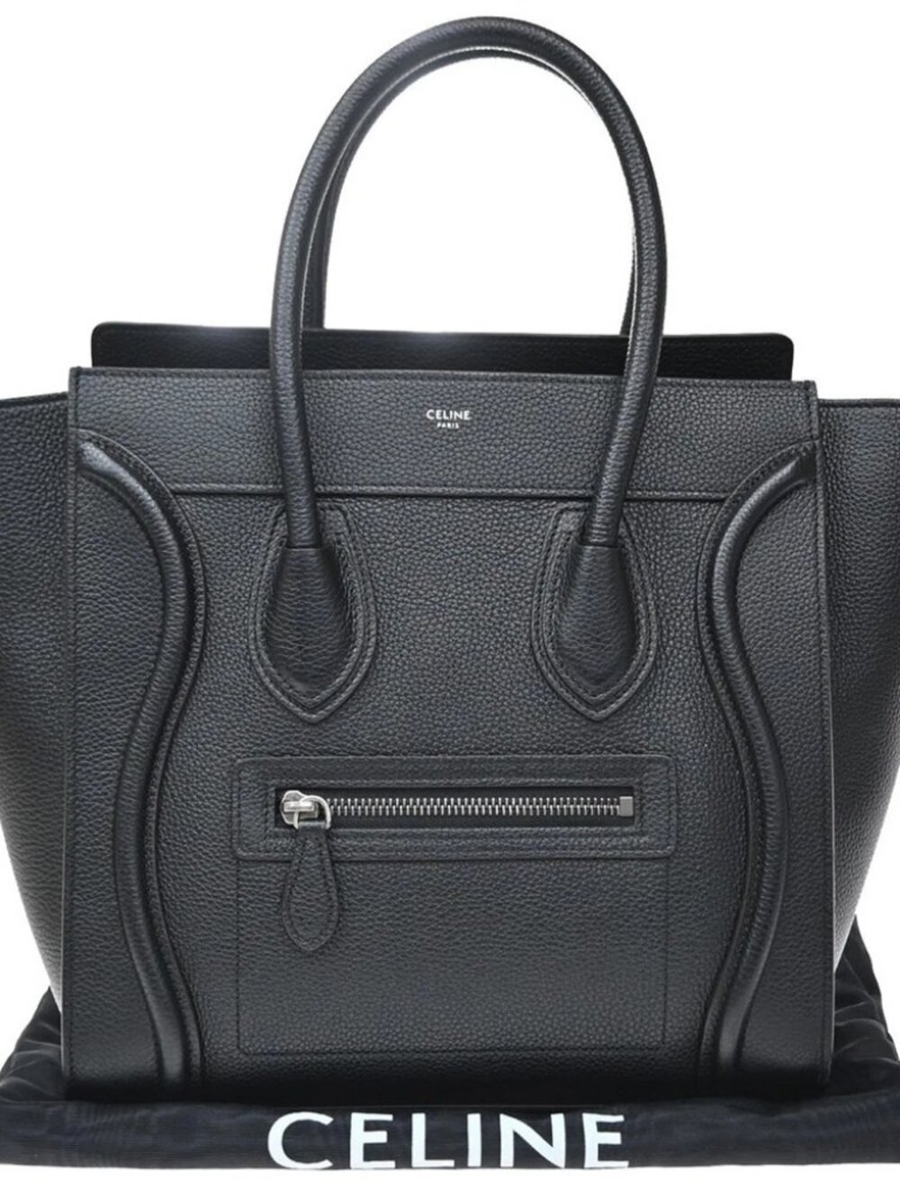CELINE Logo Luggage Mini Large Hand Tote Bag Leather Black Italy